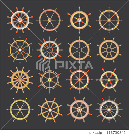 Wooden vintage steering wheels. Ship, sailboat or yacht retro wheel symbol. Colorful nautical rudder icon. Marine logotype design element. Vector illustration Wooden vintage steering wheels. Ship, sailboat or yacht retro wheel symbol. Colorful nautical rudder icon. Marine logotype design element. Vector illustration 118730843