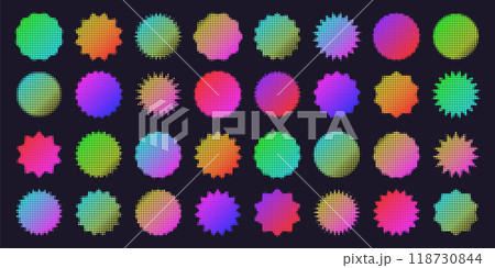Brutalist geometric shapes, modern symbols. Colorful neon label, sticker, simple primitive star element with halftone effect. Retro design, trendy minimalist style, y2k. Vector illustration Brutalist geometric shapes, modern symbols. Colorful neon label, sticker, simple primitive star element with halftone effect. Retro design, trendy minimalist style, y2k. Vector illustration 118730844