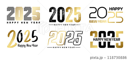 Set of 2025 Happy New Year greeting text designs. Christmas banner, poster, festive greeting card or seasonal promotion template. Collection of 2025 numbers with greetings. Vector illustration 118730886