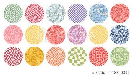 Groovy checkered pattern, round colorful tiled grid. Vintage wavy curved backdrop, distortion effect. Funky geometric chessboard texture, retro background in 90s style, y2k. Vector illustration 118730891