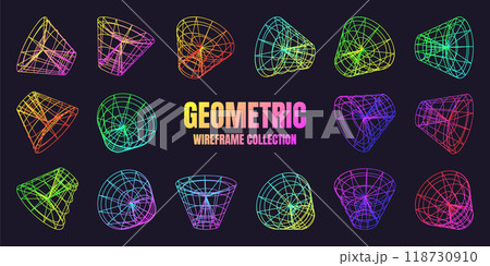 Neon lined wireframe shapes. Perspective mesh, 3d grid. Low poly geometric elements. Retro futuristic design elements, y2k, vaporwave and synthwave style. Vector illustration Neon lined wireframe shapes. Perspective mesh, 3d grid. Low poly geometric elements. Retro futuristic design elements, y2k, vaporwave and synthwave style. Vector illustration 118730910