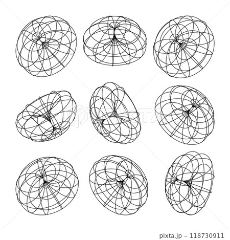 Wireframe lined shapes. Perspective mesh, 3d grid. Low poly geometric elements. Retro futuristic design elements, y2k, vaporwave and synthwave style. Vector illustration 118730911