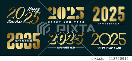 Set of 2025 Happy New Year greeting text designs. Christmas banner, poster, festive greeting card or seasonal promotion template. Collection of 2025 numbers with greetings. Vector illustration 118730913