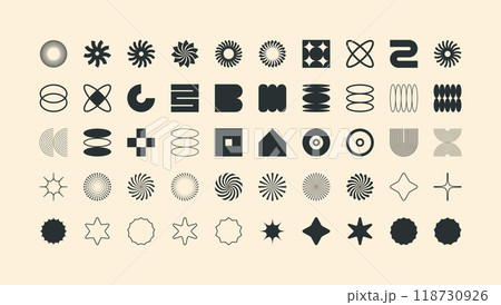 Brutalist geometric shapes, modern symbols. Simple primitive elements and forms. Retro design, trendy contemporary minimalist style, y2k. Vector illustration 118730926