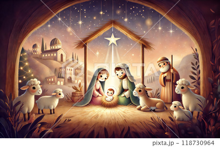 Cute Oil painting representing the holy family. Nativity scene in Bethlehem. Christmas scene illustration showing holy family with Joseph Mary baby Jesus - shepherd and sheep 118730964