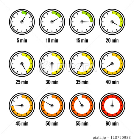 Stopwatch icons. Colorful simple chronometer, time counter with dial. Countdown timer showing hours and minutes. Deadline, measurement for sport. Cooking time label, sticker. Vector illustration Stopwatch icons. Colorful simple chronometer, time counter with dial. Countdown timer showing hours and minutes. Deadline, measurement for sport. Cooking time label, sticker. Vector illustration 118730988