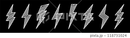 Hatched lightning bolt icons collection. Hand drawn flash symbol, thunderbolt. Simple lightning strike sign. Vector illustration Hatched lightning bolt icons collection. Hand drawn flash symbol, thunderbolt. Simple lightning strike sign. Vector illustration 118731024