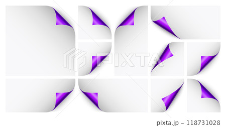 Set of violet paper curls. Curled page corner with shadow. Blank sheet of paper. Colorful shiny foil. Design element for advertising and promotion. Vector illustration. Set of violet paper curls. Curled page corner with shadow. Blank sheet of paper. Colorful shiny foil. Design element for advertising and promotion. Vector illustration. 118731028