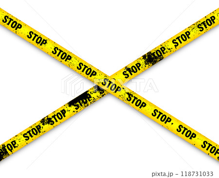 Old grunge barricade construction tape. Yellow police warning line, brightly colored danger or hazard stripe, ribbon. Restricted area, zone. Attention symbol. Vector illustration Old grunge barricade construction tape. Yellow police warning line, brightly colored danger or hazard stripe, ribbon. Restricted area, zone. Attention symbol. Vector illustration 118731033