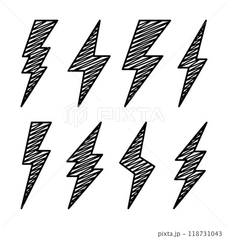 Hatched lightning bolt icons collection. Hand drawn flash symbol, thunderbolt. Simple lightning strike sign. Vector illustration 118731043