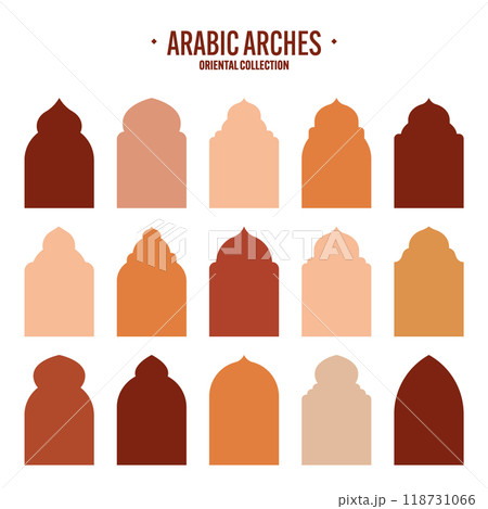 Islamic frames, oriental style objects. Arabic shapes, windows and arches. Traditional ornamental banner, frame. Muslim holidays, Ramadan Kareem. Modern eastern architecture. Vector illustration 118731066