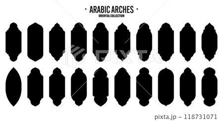 Islamic frames, oriental style objects. Arabic shapes, windows and arches. Traditional ornamental banner, frame. Muslim holidays, Ramadan Kareem. Modern eastern architecture. Vector illustration Islamic frames, oriental style objects. Arabic shapes, windows and arches. Traditional ornamental banner, frame. Muslim holidays, Ramadan Kareem. Modern eastern architecture. Vector illustration 118731071