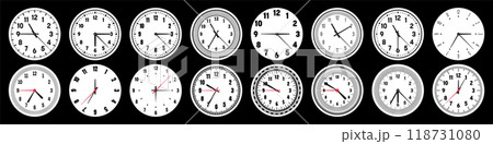 Mechanical clock faces with hands, bezel. Watch dial with minute, hour marks and numbers, arabic numerals. Timer or stopwatch element. Measuring circle scale with divisions. Vector illustration 118731080