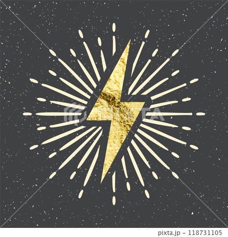 Vintage golden lightning bolt and sun rays. Gold foil texture. Lightning with sunburst effect. Thunderbolt, electric shock sign. Vector illustration 118731105