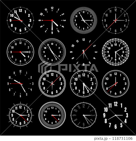 Mechanical clock faces with hands, bezel. Watch dial with minute, hour marks and numbers, arabic numerals. Timer or stopwatch element. Measuring circle scale with divisions. Vector illustration 118731106