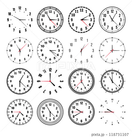 Mechanical clock faces with hands, bezel. Watch dial with minute, hour marks and numbers, arabic numerals. Timer or stopwatch element. Measuring circle scale with divisions. Vector illustration 118731107