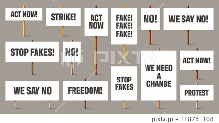 Blank white protest signs with text slogans on wooden holder. Various realistic vector demonstration banners. Strike action cardboard placard mockup. Social advertisement. Vector illustration 118731108