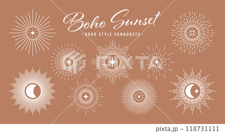 Vintage sunburst, sunset beams collection. Boho style, modern minimalist bohemian design. Hand drawn bursting sun, light rays. Logotype or lettering design element in retro style. Vector illustration 118731111