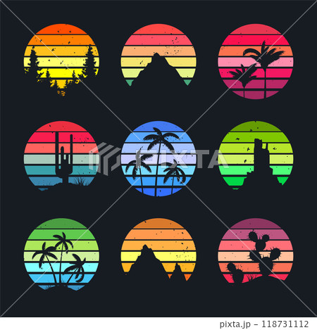 Grunge vintage sunset collection. Colorful striped sunrise badges in 80s and 90s style. Sun and ocean view, summer vibes, surfing. Design element for print, logo or t-shirt. Vector illustration 118731112