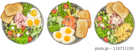 Assortment of breakfast or brunch plate isolated on white background. top view 118731150