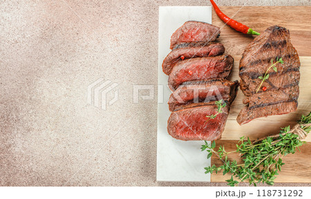 grilled marbled beef steak. Delicious balanced food concept. copy space for text. top view 118731292