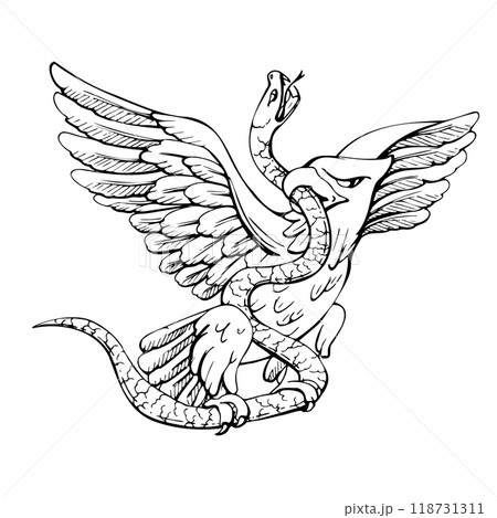 Mexican national emblem symbol, eagle fighting rattlesnake coat of arms, carved engraving sculpture. Hand drawn ink vector illustration. Single isolated element. Design travel, vacation, brochure 118731311