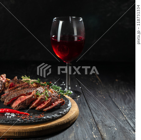 Red wine and grilled meat. Restaurant menu, dieting, cookbook recipe copy space 118731334