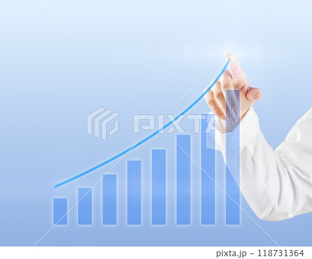 virtual hologram through. Hand analyzing growth on a touch screen interface. copy space 118731364