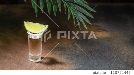 tequila with lime and salt. Alcoholic drink. Mexican national drink. space for text 118731442
