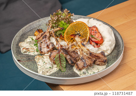 Grilled veal loin with vegetables, Restaurant menu, dieting, cookbook recipe top view 118731487