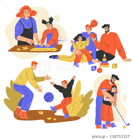 Parents with Children Enjoy Recreation Activity Together Vector Set Parents with Children Enjoy Recreation Activity Together Vector Set 118731557