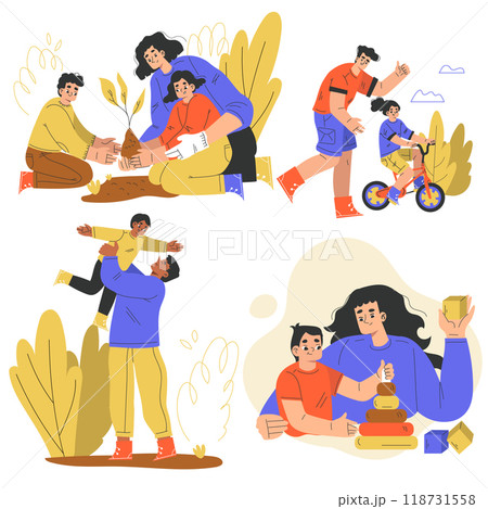 Parents with Children Enjoy Recreation Activity Together Vector Set Parents with Children Enjoy Recreation Activity Together Vector Set 118731558