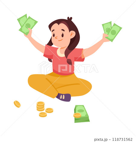 Girl Character Sit with Cash Save Money Vector Illustration 118731562