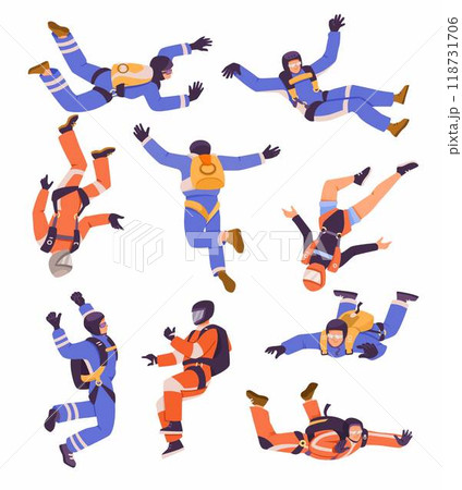 Man Paratrooper with Parachute Bag Flying in the Sky Vector Set 118731706