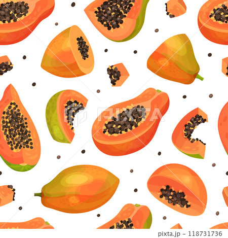 Papaya Fruit Seamless Pattern with Cut Section with Seeds and Orange Pulp Vector Template 118731736