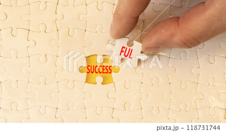 Successful symbol. Concept word Successful on beautiful white puzzles. Beautiful yellow background. Businessman hand. Business successful concept. Copy space. 118731744
