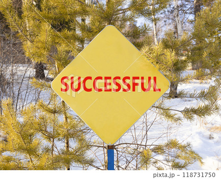 Successful symbol. Concept word Successful on beautiful yellow road sign. Beautiful winter snow forest background. Business successful concept. Copy space. 118731750