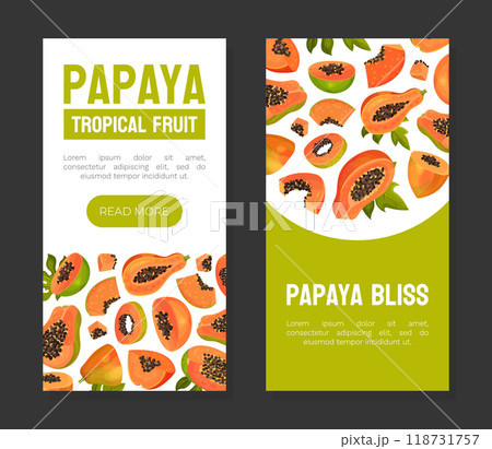 Papaya Fruit Label Design with Cut Section with Seeds and Orange Pulp Vector Template 118731757