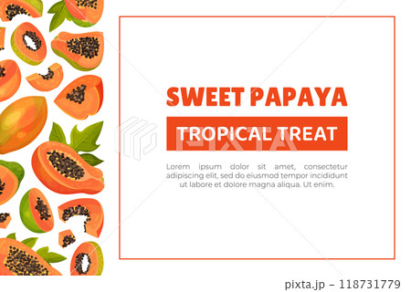Papaya Fruit Banner Design with Cut Section with Seeds and Orange Pulp Vector Template 118731779
