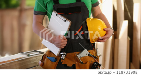 Handyman with tool belt and construction instruments male worker 118731908