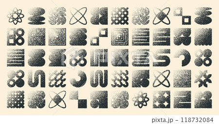 Brutalist geometric shapes, dotted objects. Stipple elements modern symbols. Simple primitive forms. Retro design, trendy contemporary minimalist style, y2k. Dot shading, drawing. Vector illustration 118732084