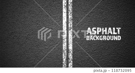 Asphalt road with white cracked lane marking, concrete highway surface, texture. Street traffic line, road dividing strip. Pattern with grainy structure, grunge stone background. Vector illustration 118732095