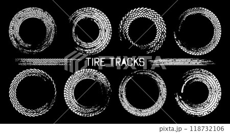 Grunge circle tire tracks, wheel braking marks. Truck, car or motorcycle tread pattern silhouettes. Auto race, motorsport, speed racing design element. Vector illustration 118732106