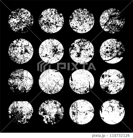 Grunge circles with stains and scratches. Circle brush stroke, round shape design element. Distressed dirty text frame, border, sticker or label. Paintbrush, ink stains. Vector illustration 118732126