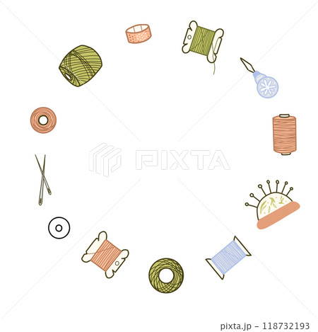 Needlework Wreath or Circle Frame, Border for handmade classes, Handicraft. Hand drawn colored vector illustration of tools for Sewing. Threads Spools, Needles, Thimble, Needle Threader and Pad with 118732193