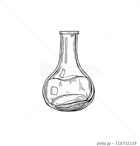 Monochrome open glass bottles with essential organic perfume oil realistic graphic sketch illustration. Hand drawn element painted by black inks. For art projects, home decor, and interior design. 118732219