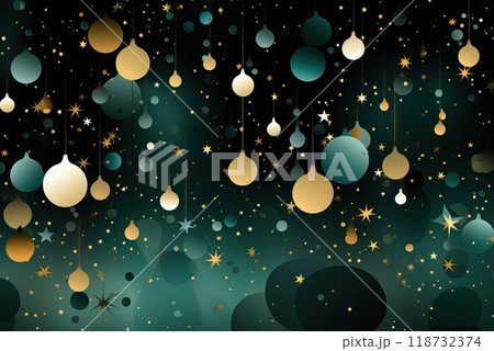 Background with stars and balls in yellow and green colors on a green background. 118732374