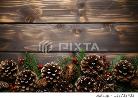 Dark gray wooden background with fir branches and pine cones with space for writing. 118732432