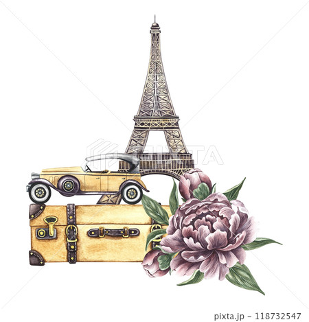 Vintage trip to Paris. A retro car, the Eiffel Tower, peony flowers and a retro suitcase. A watercolor illustration made by hand. For printing, stickers, postcards, posters and flyers. 118732547