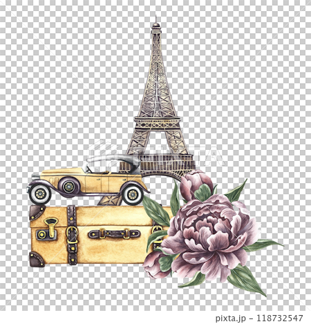 Vintage trip to Paris. A retro car, the Eiffel Tower, peony flowers and a retro suitcase. A watercolor illustration made by hand. For printing, stickers, postcards, posters and flyers. 118732547